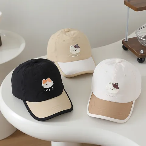 Gorra de Béisbol de Secado Rápido para Niños Bloque de Color Sombrero Sol Bordado Gato Ajustable Para Niños Niñas