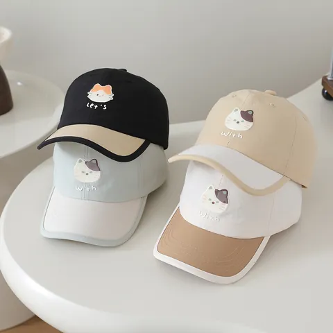 Gorra de Béisbol de Secado Rápido para Niños Bloque de Color Sombrero Sol Bordado Gato Ajustable Para Niños Niñas