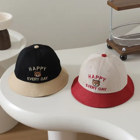 Cute Baby Bear Embroidery Sun Hat Cotton Blend Contrast Color Fisherman Hat For Toddler Boys Girls Outdoor Sun Protection Bucket Hat