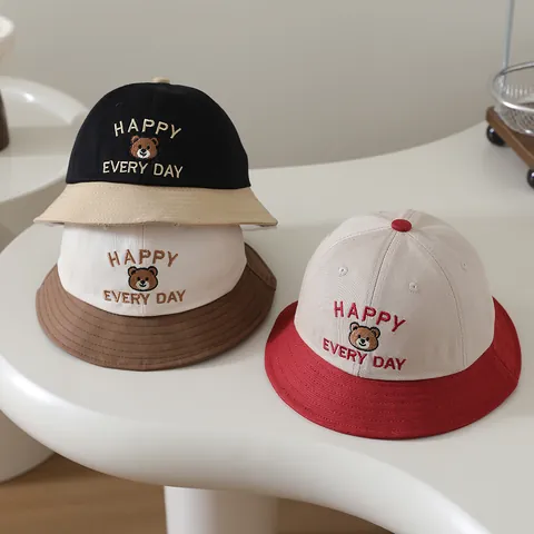 Cute Baby Bear Embroidery Sun Hat Cotton Blend Contrast Color Fisherman Hat For Toddler Boys Girls Outdoor Sun Protection Bucket Hat