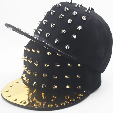 Punk Studded Hip Hop Snapback Hat Acrylic Baseball Cap With Metallic Mirror Brim For Kids Adults Street Dance Party