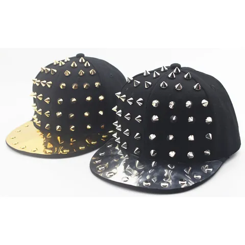 Punk Studded Hip Hop Snapback Hat Acrylic Baseball Cap With Metallic Mirror Brim For Kids Adults Street Dance Party