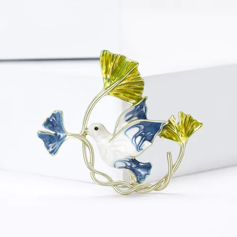 Elegant Enamel Peace Dove Ginkgo Leaf Brooch Pin For Women Fashion Suit Cardigan Accessory Creative Bird Jewelry Gift