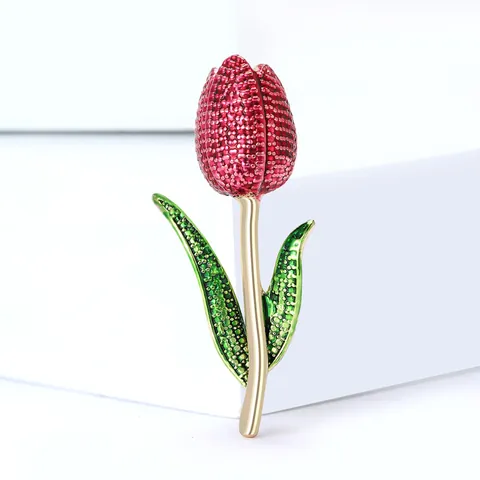 Elegant Enamel Tulip Flower Brooch For Women Gold Plated Alloy Red Pink Rhinestone Drip Oil Botanical Floral Lapel Pin