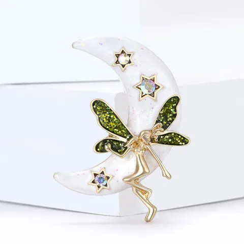 Enamel Alloy Fairy Moon Brooch For Women Gold White Rhinestone Star Inlaid Decorative Pin For Suit Sweater Jewelry
