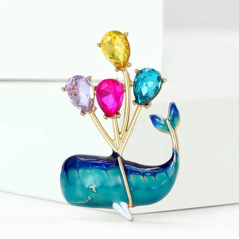 Creative Cute Alloy Rhinestone Whale Balloon Brooch Pin With Blue Gradient Enamel Effect For Women Coat Jacket Suit Accessory Jewelry