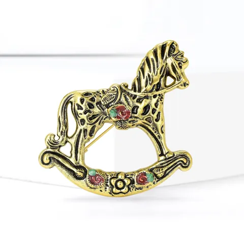 Vintage Enamel Horse Brooch Retro Rocking Horse Pin For Men Suit Coat Lapel Pin Animal Floral Palace Style Jewelry Gift