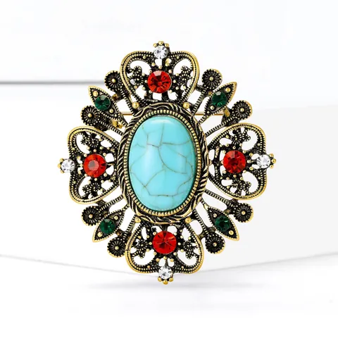 Vintage Baroque Alloy Rhinestone Brooch Pin For Women Antique Gold Silver Plated Oval Turquoise Flower Corsage Jewelry