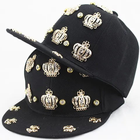 Punk Hip Hop Honkbalpet Met Gouden Kroon Klinknagels Strass Voor Heren Dames Kinderen Platte Rand Katoen Snapback Pet Feest