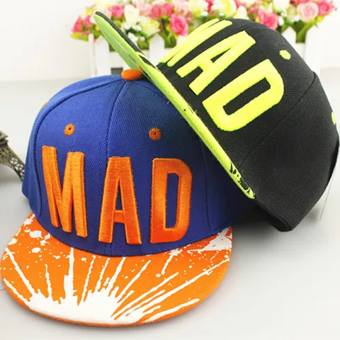 Gorra Snapback con Bordado de Letras MAD para Niños Ala Plana con Salpicaduras Gorra de Béisbol para Niños Niñas Protección Solar