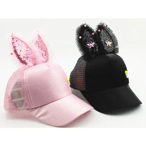 Kids Sequin Rabbit Ear Mesh Baseball Cap Cute Cartoon Potato Patch Sunscreen Adjustable Duckbill Cap For Girls Boys