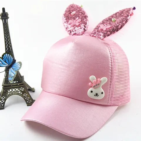 Cute Kids Rabbit Ears Baseball Cap Sequin Artificial Pearl Decorated Satin Sun Hat For Toddler Girls Breathable Mesh Outdoor Hat