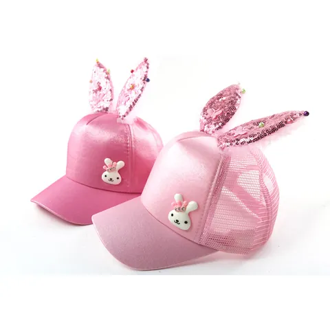 Cappellino da Baseball per Bambini con Orecchie di Coniglio Paillettes Künstliche Perle Decorato Raso Cappello Sole Bambina Traspirante