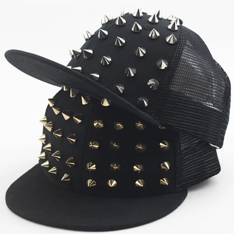 Punk Style Rivet Mesh Snapback Hat For Kids Adults Hip Hop Flat Brim Baseball Cap With Gold Silver Metal Spikes Studs
