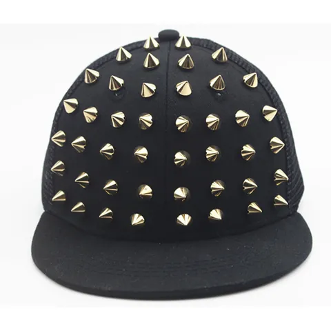 Punk Style Rivet Mesh Snapback Hat For Kids Adults Hip Hop Flat Brim Baseball Cap With Gold Silver Metal Spikes Studs