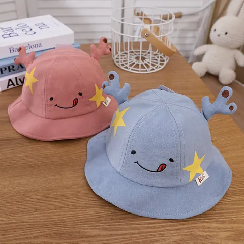 Cappello a Secchiello per Bambini in Misto Cotone Con Corna di Cervo Stella e Faccia Sorridente per Esterno Ragazzo Ragazza
