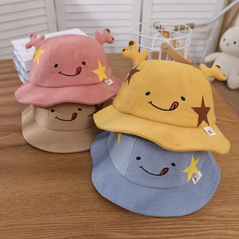 Cappello a Secchiello per Bambini in Misto Cotone Con Corna di Cervo Stella e Faccia Sorridente per Esterno Ragazzo Ragazza