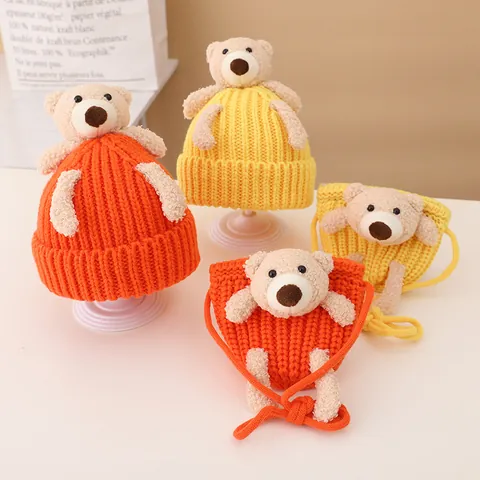 Kids Cute Teddy Bear Knit Hat And Crossbody Bag Set Autumn Winter Warm Crochet Beanie Mini Shoulder Bag For 2-7 Years Boys Girls