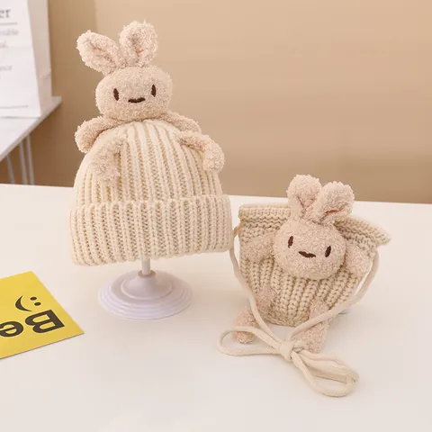 Süße Hasen Strickmütze Und Umhängetasche Für Kinder Winter Warme Häkelmütze Plüschhasen Dekoration Kinder Mode Accessoires
