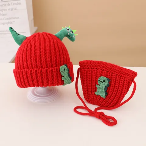 Cartoon Dinosaur Kids Knitted Hat And Bag Set Toddler Warm Winter Crochet Beanie Cap Small Crossbody Purse For Boys Girls