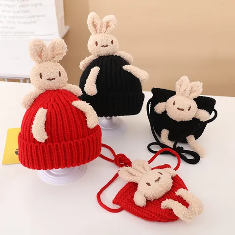 Süße Hasen Strickmütze Und Umhängetasche Für Kinder Winter Warme Häkelmütze Plüschhasen Dekoration Kinder Mode Accessoires