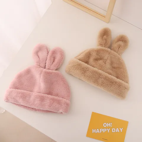 Cappello Invernale per Bambini in Simil Cashmere Peluche Con Simpatiche Orecchie da Coniglio Caldo Antivento Bordo Arrotolato