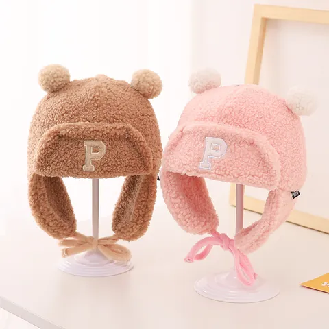 Toddler Kids Winter Trapper Hat Warm Polar Fleece Lined Earflap Cap With Plush Balls Letter P Embroidery Windproof Snow Hat