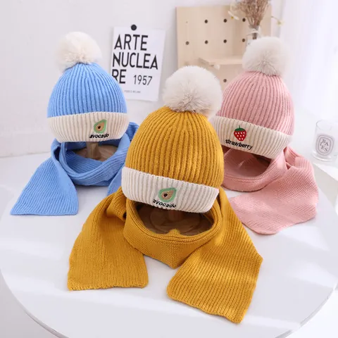 Kids Winter Hat Scarf Set Knitted Warm Beanie With Pom Pom Strawberry Avocado Fruit Pattern For Boys Girls Cold Weather Daily Wear