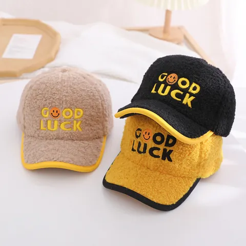 Kids Lamb Wool Baseball Cap GOOD LUCK Letter Smile Embroidery Warm Winter Duck Tongue Hat For Boys Girls Toddler Outdoor Casual