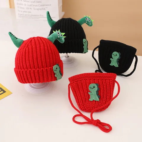 Cartoon Dinosaur Kids Knitted Hat And Bag Set Toddler Warm Winter Crochet Beanie Cap Small Crossbody Purse For Boys Girls