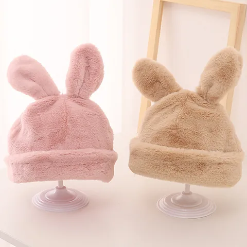 Cappello Invernale per Bambini in Simil Cashmere Peluche Con Simpatiche Orecchie da Coniglio Caldo Antivento Bordo Arrotolato