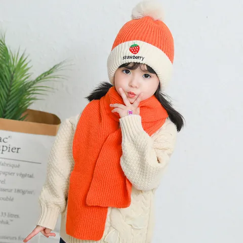 Kids Winter Hat Scarf Set Knitted Warm Beanie With Pom Pom Strawberry Avocado Fruit Pattern For Boys Girls Cold Weather Daily Wear