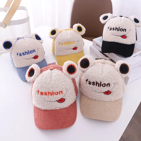 Kinder Cartoon Frosch Stickerei Baseballkappe Lammwolle Cord Patchwork Warme Wintermütze Outdoor Casual Süße Schirmmütze