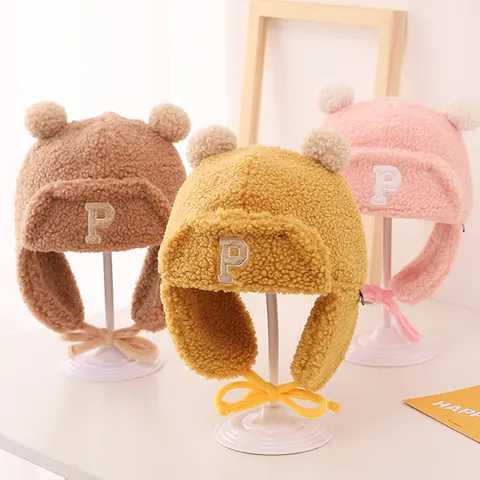 Toddler Kids Winter Trapper Hat Warm Polar Fleece Lined Earflap Cap With Plush Balls Letter P Embroidery Windproof Snow Hat