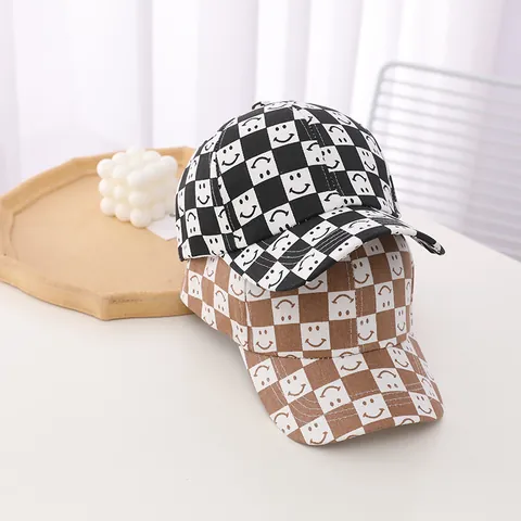 Kids Trendy Checkered Baseball Cap With Smile Face Pattern Cotton Sunshade Hat For Boys Girls Outdoor Casual Adjustable Cap