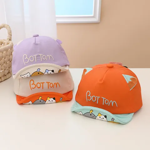 Baby Soft Brim Cotton Baseball Cap With 3D Ears Cartoon Cat Embroidery Infant Toddler Sun Hat Outdoor Sunshade Peaked Cap