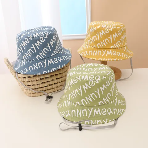 Kids Graffiti Letter Bucket Hat Cotton Blend Adjustable Windproof Rope Sunshade Fisherman Hat For Boys Girls Summer Cap