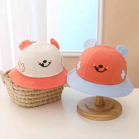 Kids Cartoon Smile Face Fisherman Hat With 3D Ears Contrast Color Cotton Sunshade Bucket Hat For Toddler Boys Girls Outdoor