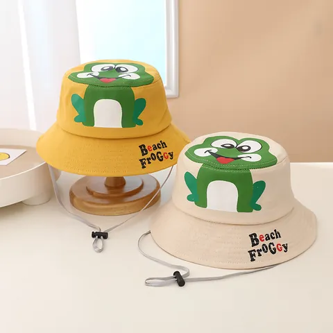 Kids Cartoon Frog Bucket Hat Sun Protection Cotton Beach Hat With Adjustable Windproof String For Boys Girls Children Outdoor Summer Fishing Hat