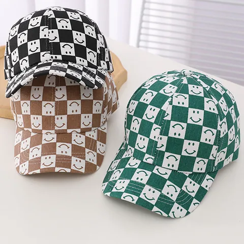 Kids Trendy Checkered Baseball Cap With Smile Face Pattern Cotton Sunshade Hat For Boys Girls Outdoor Casual Adjustable Cap