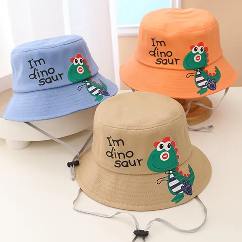 Kids Cartoon Dinosaur Fisherman Hat Adjustable Windproof Rope Cotton Sun Protection Bucket Hat For Boys Girls Toddler Outdoor