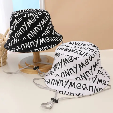 Kids Graffiti Letter Bucket Hat Cotton Blend Adjustable Windproof Rope Sunshade Fisherman Hat For Boys Girls Summer Cap