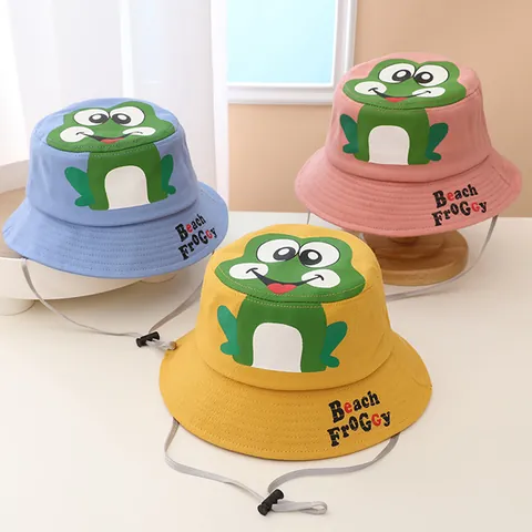 Kids Cartoon Frog Bucket Hat Sun Protection Cotton Beach Hat With Adjustable Windproof String For Boys Girls Children Outdoor Summer Fishing Hat