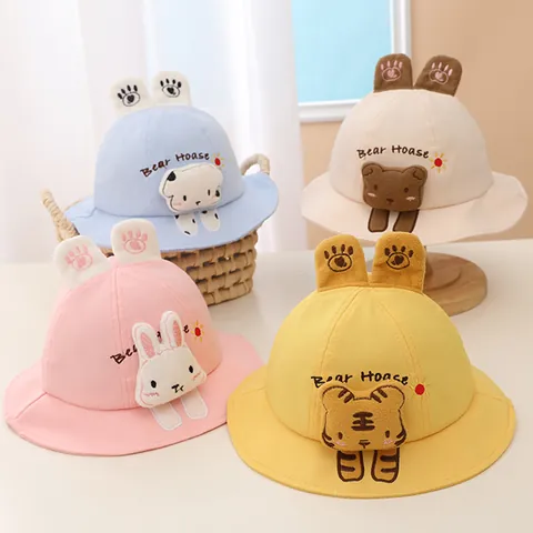 Kids Cartoon Animal Fisherman Hat With 3D Ears Rabbit Bear Tiger Sunshade Bucket Hat Cotton Breathable Outdoor Sun Hat For Boys Girls