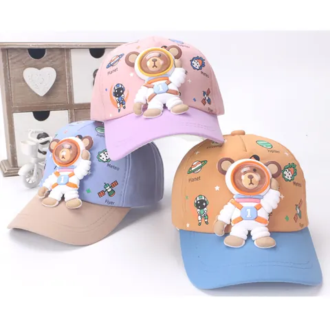 Kids Space Astronaut Bear 3D Baseball Cap Adjustable Sun Hat For Boys Girls Planet Printed Cotton Blend Outdoor Headwear