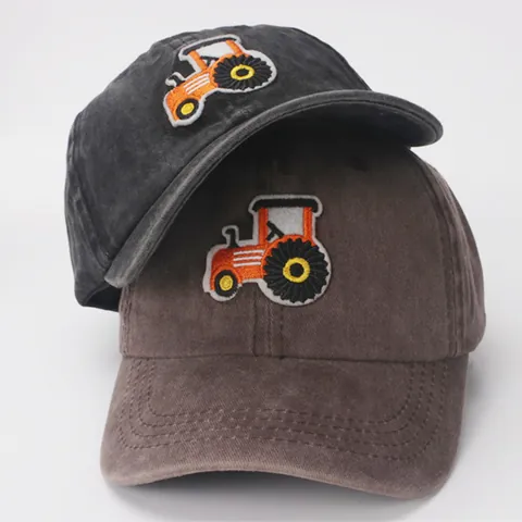 Kids Vintage Washed Cotton Baseball Cap Cartoon Excavator Tractor Embroidery Sun Hat For Boys Girls Adjustable Casual Hat