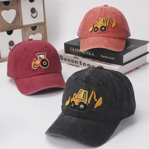 Kids Vintage Washed Cotton Baseball Cap Cartoon Excavator Tractor Embroidery Sun Hat For Boys Girls Adjustable Casual Hat