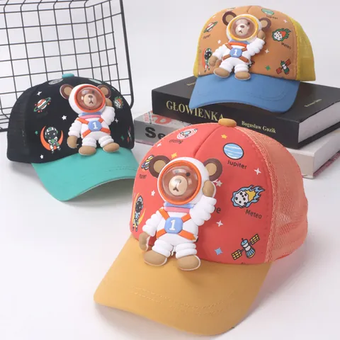 Kids 3D Astronaut Bear Space Theme Mesh Baseball Cap Cotton Polyester Breathable Sunshade Trucker Hat For Boys Girls