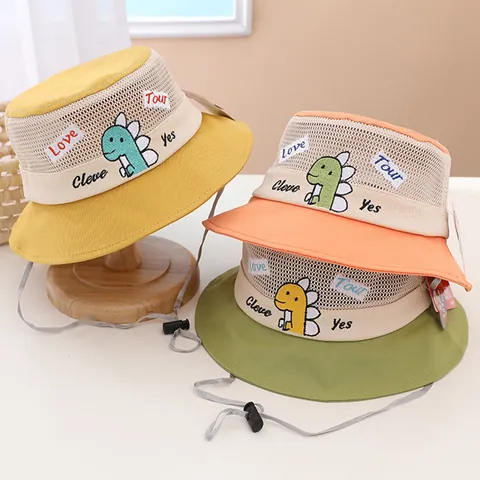 Παιδικό Καλοκαιρινό Καπέλο Bucket με Πλέγμα Αναπνεύσιμο Καπέλο Προστασίας από τον Ήλιο με Κέντημα Δεινόσαυρου και Σχοινί