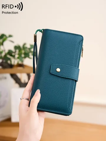 RFID Blocking Women Long Wallet Litchi Grain PU Leather Clutch Purse With Wristlet Multiple Card Slots Phone Holder